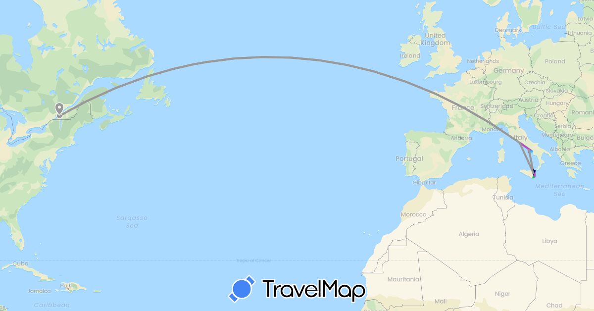TravelMap itinerary: driving, bus, plane, train, boat in Canada, Italy (Europe, North America)